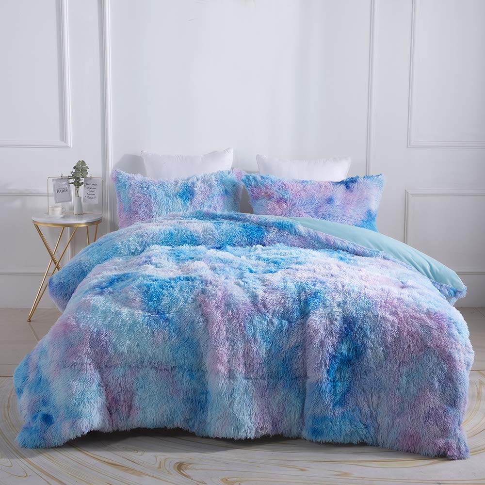 Amazon.com: Wajade Faux Fur Plush Galaxy Blue Comforter Set Fluffy